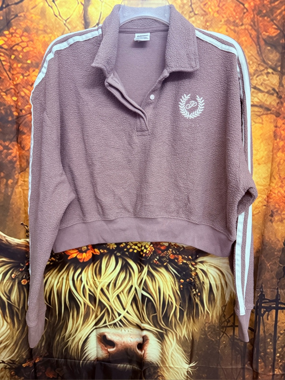 PINK Women's Cropped Fleece Pullover in Mauve with White Stripes